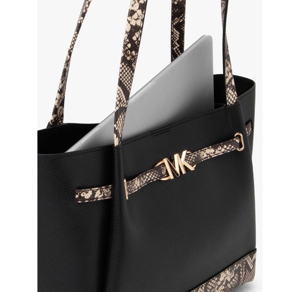 NWT Michael Kors Reed Large Belted Logo Tote Shoulder Bag Purse in Black - Picture 2 of 4